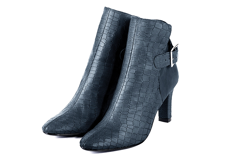 Women's denim blue elegant ankle boots, with buckles at the back. Round toe. High kitten heels - Front view